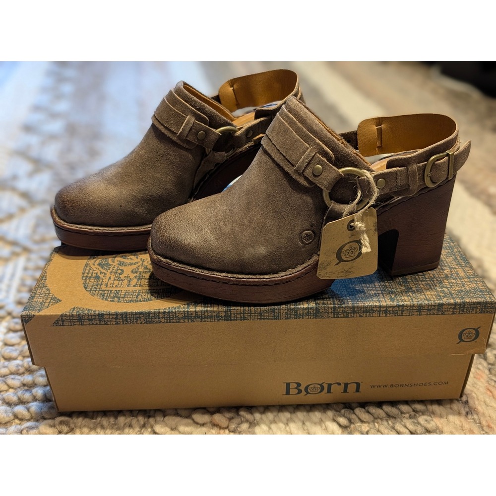 NIB Born Hudson Taupe Distressed Leather Slingback Clog Platform Mules boho